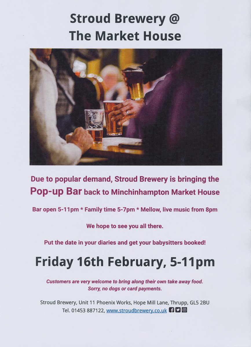MinchMarketHse's tweet photo. Don't forget to pop up to us on Fri eve for Stroud Brewery's finest: family time 5-7pm, mellow live music from 8pm, cash only bar open till 11pm. Bring your own take-away food! https://t.co/E0e2AvsfcU