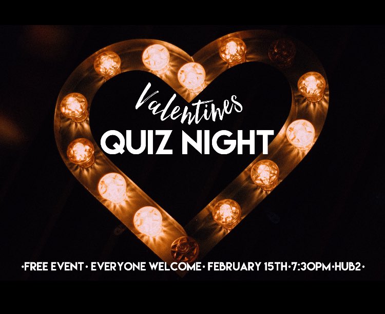 Tonight!
Come along with a friend, team, or just yourself and enjoy a cracking quiz and free food and drink! 
Also enjoy a short talk in the middle to get you thinking about 'what's love got to do with it?'