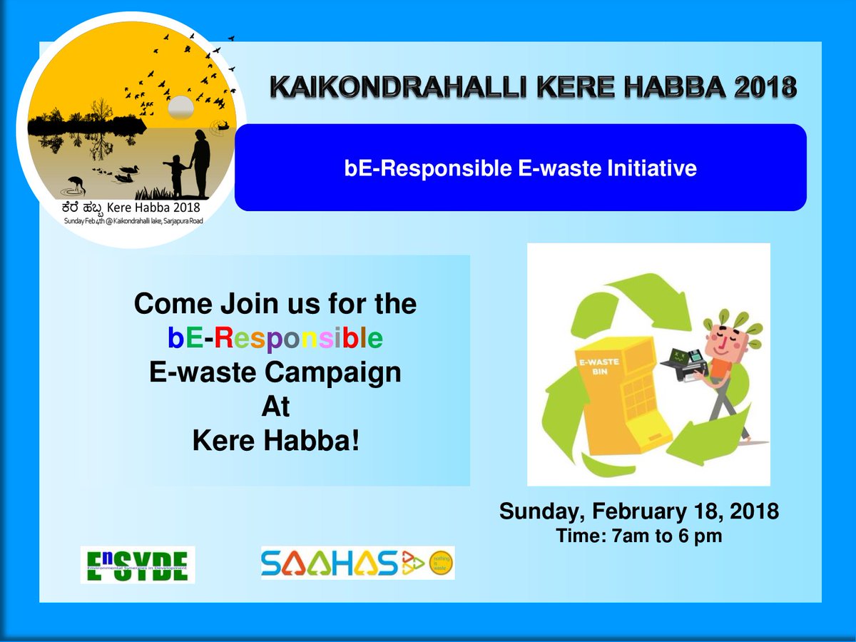 bresponsibleone's tweet photo. Join us at Kere Habba this Sunday!
#ewaste #beresponsible #ENSYDE #Saahas #Kaikondrahalli https://t.co/dq6qY5TmDx
