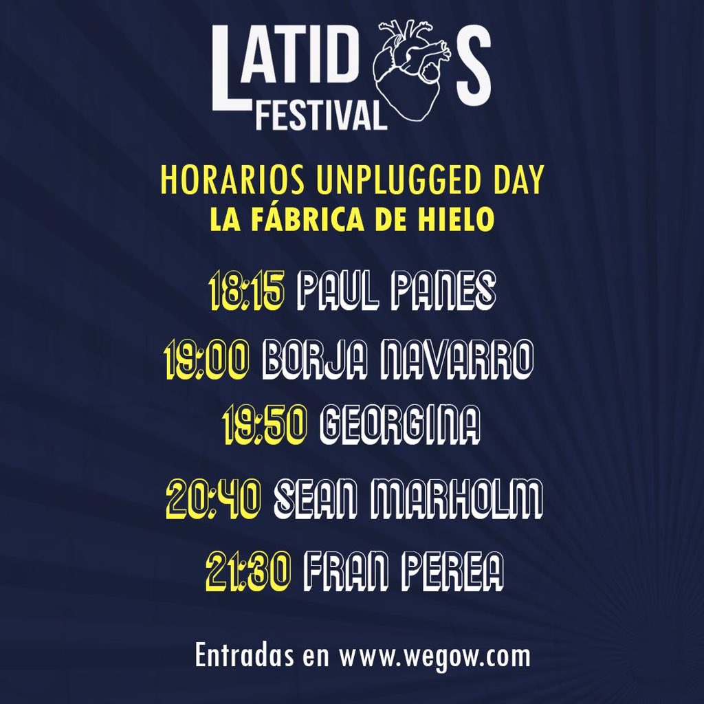 Estos son los horarios de Mañana en <a href="/LatidosFest/">Latidos Festival</a> #Valencia. Les recuerdo que el valor de la entrada será para apoyar la lucha contra el cáncer infantil 💙 
Si aún no tienes la tuya, entra y colabora en wegow.com
Hasta mañana!!