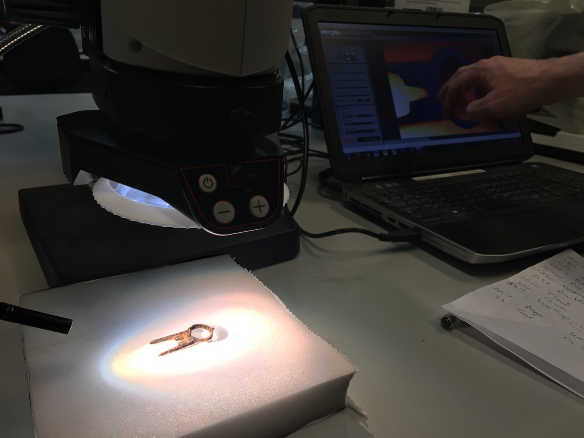 DiveIntoDurham's tweet photo. A good session in the @ArcDurham labs yesterday undertaking qualitative and digital microscope analysis of our #DRWA objects - ably assisted by their wonderfully skilled conservator @VickyGarlick 
#Archaeology #Research #Durham https://t.co/Kw0zFyDbWc