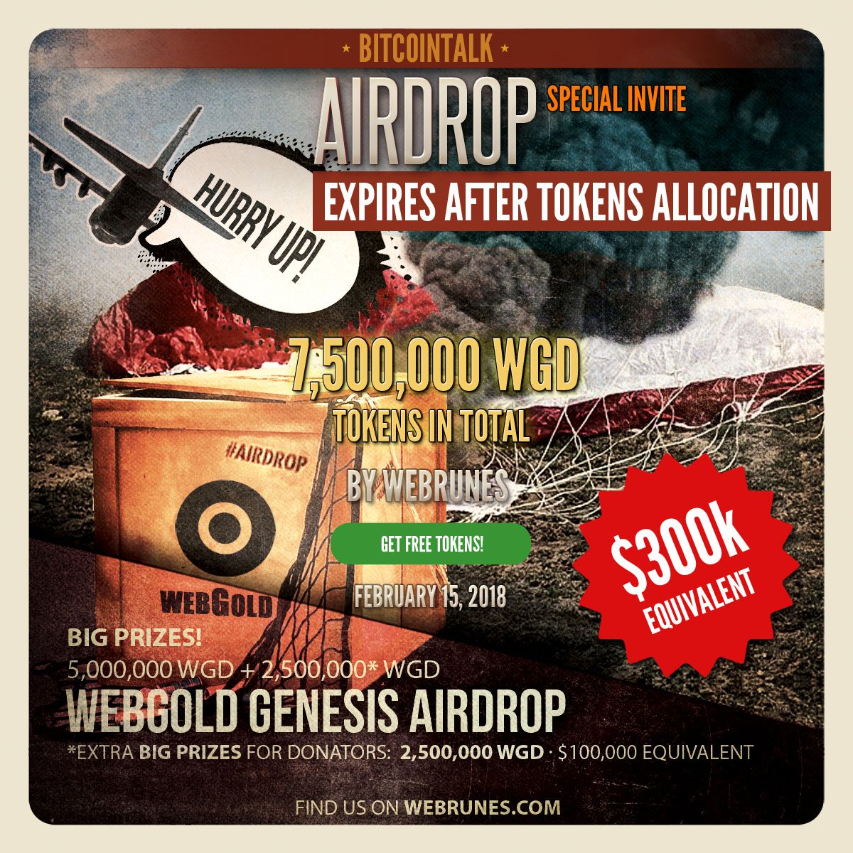 Following quite a number of requests from our supporters we are to launch an Airdrop Campaign. Besides, we prepared BIG prizes for our BIG supporters!
Total Airdrop Campaign token allocation: 7,500,000 WGD · $300,000 equivalent. goo.gl/z1SdrG