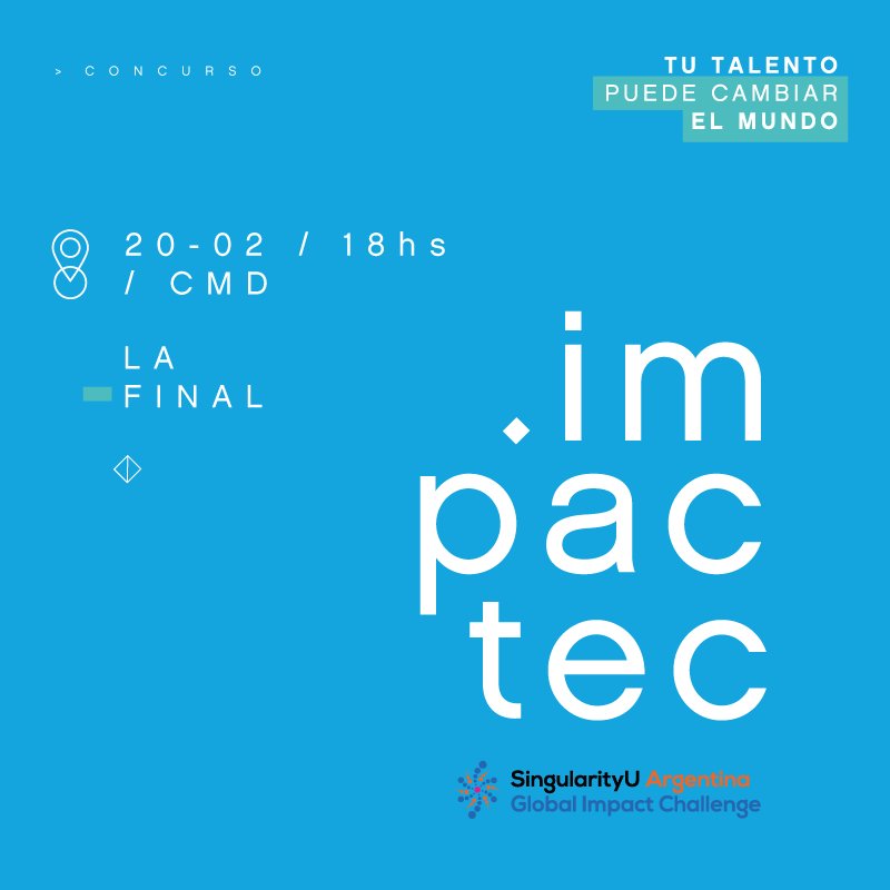 BAdesarrolloeco's tweet photo. TE INVITAMOS A LA FINAL DE #IMPACTEC
Los participantes pitchearán sus proyectos frente a un jurado de expertos y conocerán al ganador que viajará a Singularity University ✈❤
-
Martes 20/2 a las 18 hs en el CMD (Algarrobo 1041) https://t.co/EZKg9OR351