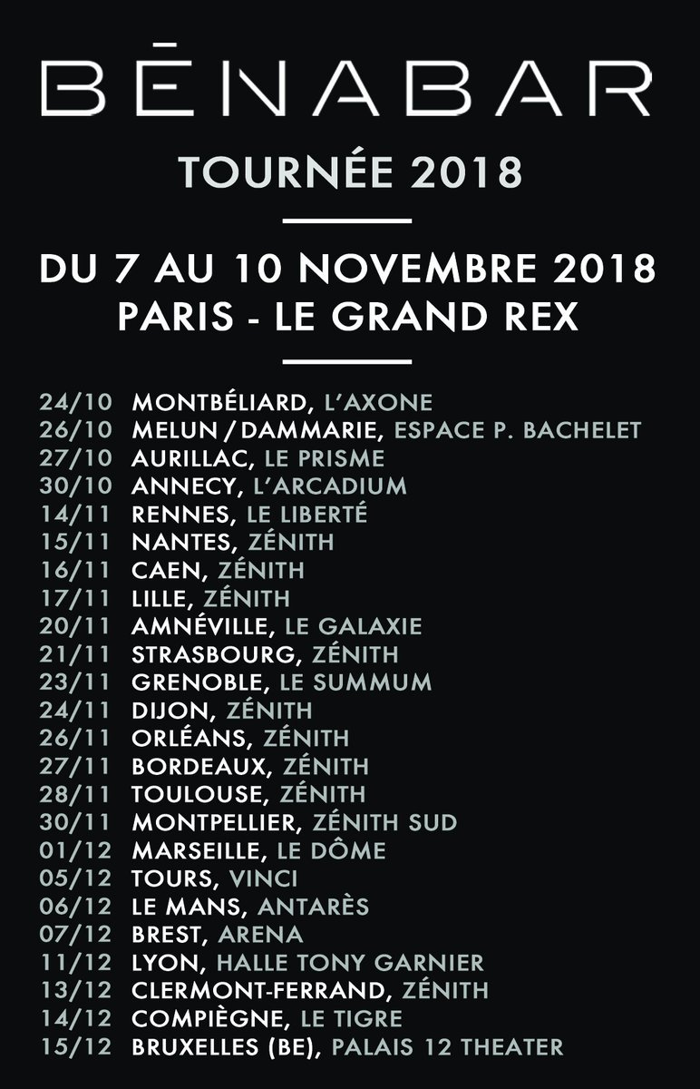 concertandcocom's tweet photo. Afin de présenter son nouvel album (1er single intitulé #FeuDeJoie, disque réalisé par #MarkDaumail du groupe @listentococoon), @Benabar_ sera en concert @LeGrandRex du 7au10 novembre 2018 & en tournée! Dates+billets en vente ici:https://t.co/A7fSlNP0Ur https://t.co/lrhvEmXkOr