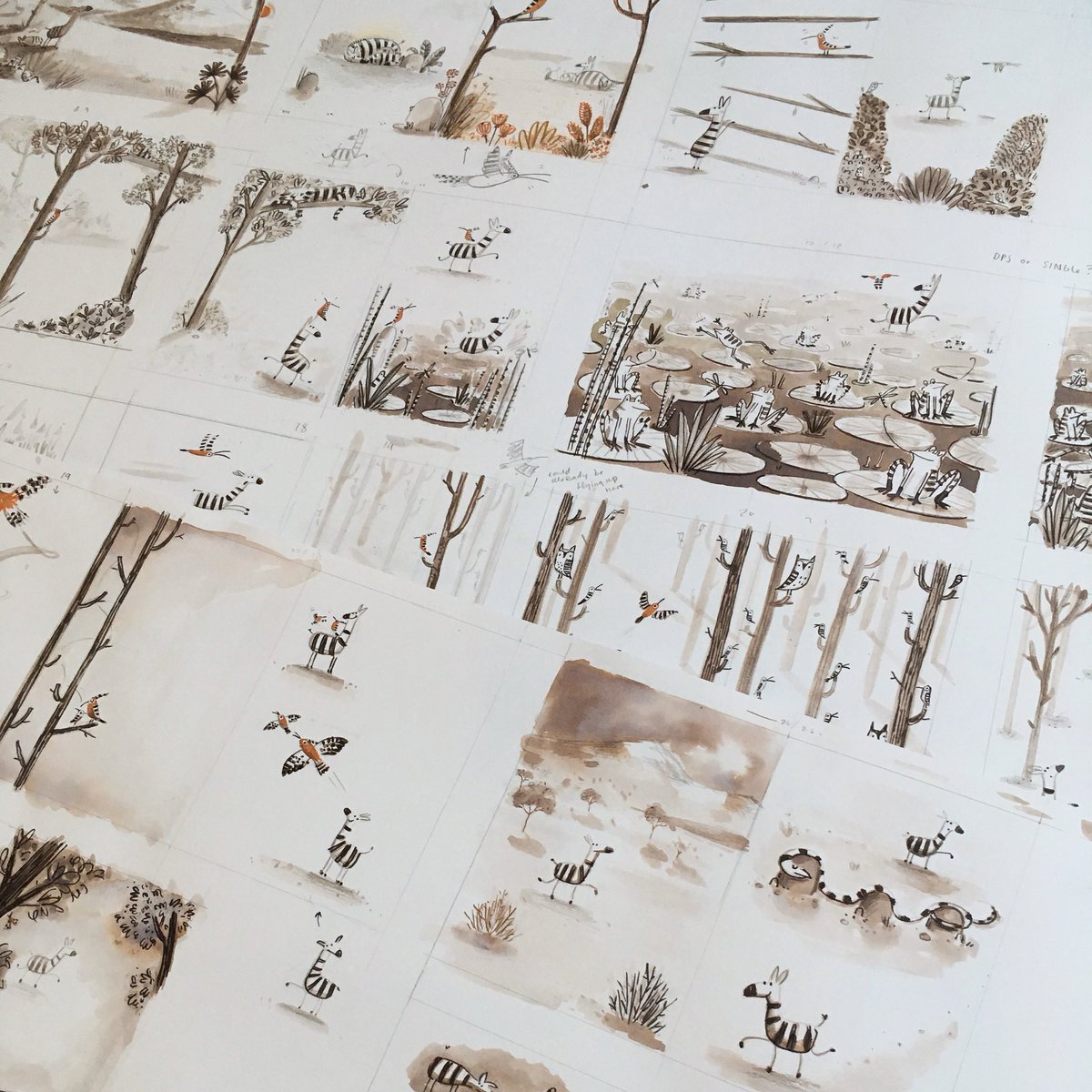 Just a week before #ZiggyAndTheMoonlightShow publication date 😗🎉 here are some sneaky peaks of the storyboard ( which is my favourite part of creating a book) #childrensbooks #zebra #hoopoe #ziggyandthemoonlightshow #kidlitart #picturebook #outsoon