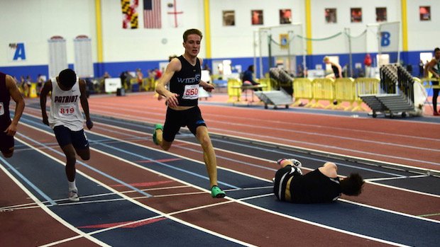 MileSplitDMV's tweet photo. When you got @CadenBillak breathing down your neck in the 300, @westfield_track's Alex Shadkhoo @shaddyking99 did the same thing when he sees pile on during football season...DIVE for it! 
WATCH Race 🎥: https://t.co/naifzJM6Kt https://t.co/Rkd59vM9rB