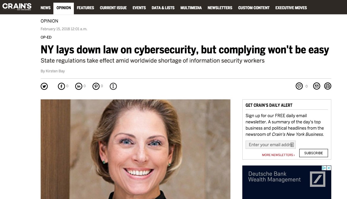 NY lays down the law on cybersecurity, but complying won't be easy. Read the full article from CEO <a href="/cyberkbay/">Kirsten Bay</a> via <a href="/CrainsNewYork/">Crain's New York</a>:  crainsnewyork.com/article/201802…