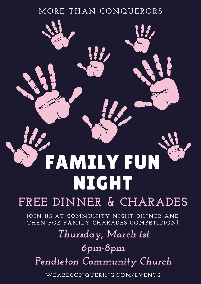 FREE dinner & charades! Join us March 1st for our next Family Fun Night! [Details on flyer]
•
•
•
•
#familyfunnight #pendetonfamilies #communitydinner #communitysupper #pendletonindiana #mtcffn #mtcfamilies #familycharades #familydinner