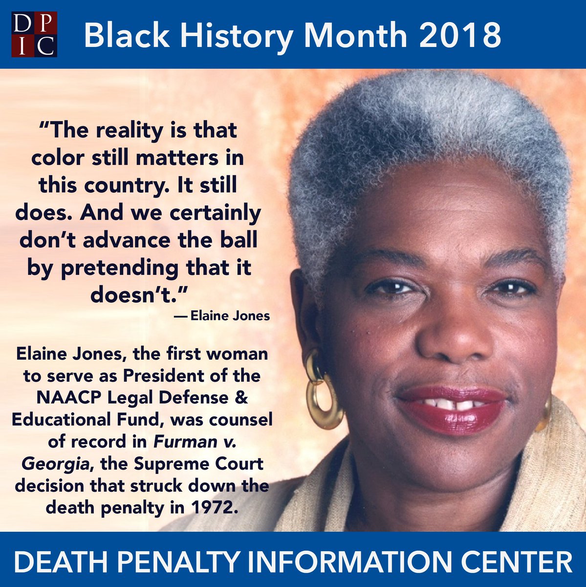 #BlackHistoryMonth #ElaineJones—the first woman to serve as President of the NAACP Legal Defense &amp; Educational Fund—was counsel of record in Furman v. Georgia, the Supreme Court decision that struck down the #deathpenalty in 1972. <a href="/NAACP_LDF/">Legal Defense Fund</a>