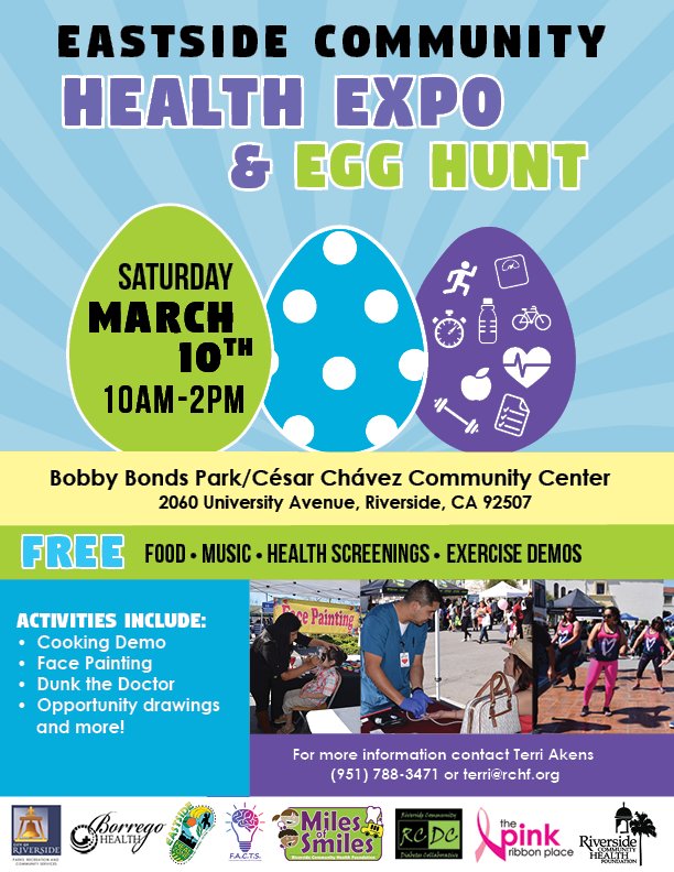 RivHealthFound's tweet photo. The Eastside Community Health Expo & Egg Hunt is around the corner. See you March 10th for FREE food, fun, games, health screenings, music and more!🥚Please call us for details (951) 788-3471. #healthexpo #community #eastside #egghunt #march10 #rchf #teamrchf #Riverside https://t.co/zvlM6eTVfy