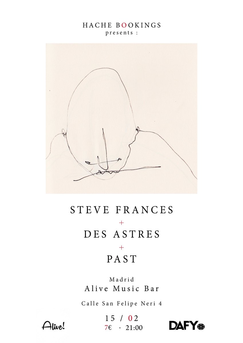 Esta noche organizamos un directo internacional junto con <a href="/hachebookings/">🌹H∆CHE B○●KINGS🌹</a>.
Paso de gira en Madrid de las bandas francesas #PAST #DesAstres y #SteveFrances para rockear de lo lindo en <a href="/AliveMusicBar/">Alive Music!</a>.

Entradas en taquilla: 7€ | 21:00h Apertura de puertas