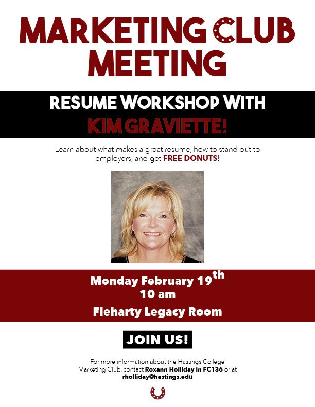 HCMarketingClub's tweet photo. Don't miss our meeting next Monday with Kim Graviette from Career Services who will be talking all about RESUMES! There will also be FREE DONUTS! We'll see you Monday at 10 am in the Fleharty Legacy Room! 🍩🍩🍩 https://t.co/fCr6kKPWQC