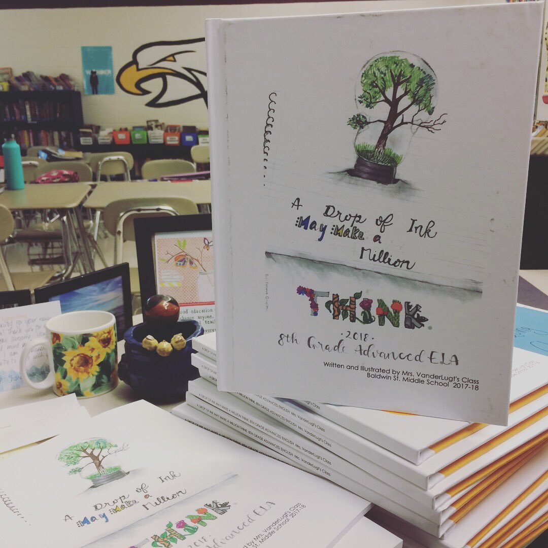 danavanderlugt's tweet photo. Hot off the presses! Our eighth grade Advanced English class published a book based on their work with GVSU writing mentors! #bmswrites @ericarhamilton https://t.co/PvbX4NU8cL