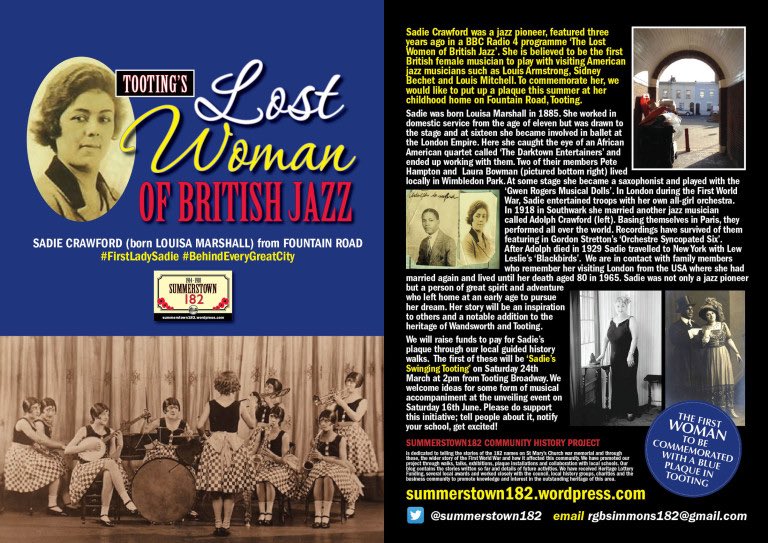 summerstown182's tweet image. Sat 26th May 2pm #TootingLibrary WORLD EXCLUSIVE for #WandsworthHeritageFestival Your chance to hear a recording of the FIRST BRITISH WOMAN TO RECORD JAZZ, Sadie Crawford from Tooting, acccompanied by a talk delivered by her great nephew Stephen Willis #FirstLadySadie #AgeOfJazz