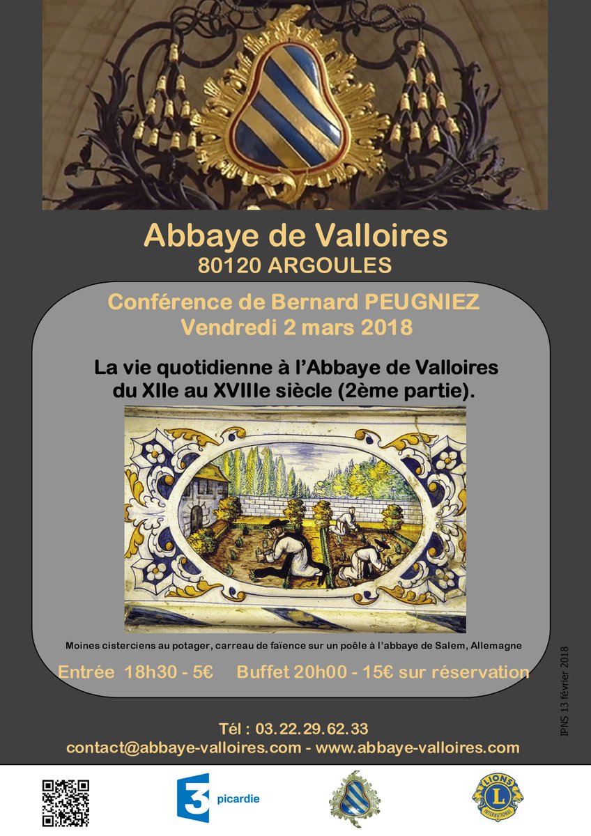 Première conférence de l'année à l'<a href="/abbayevalloires/">Abbaye de Valloires</a> ! 
Entrée à 18h30 - 5€
Buffet à 20h - 15€ (sur réservation)