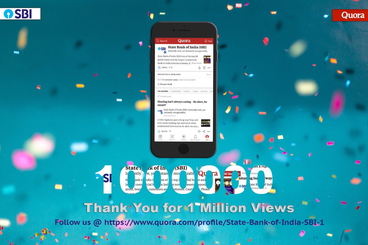 TheOfficialSBI's tweet photo. Weβve reached a million answer views on our Quora platform. Thank you for your esteemed support and continue to engage with us at https://t.co/eTntpGejQ0
#SBI #StateBankOfIndia #Bank #SBIOneMillion #1MillionViews #Quora #Engage #Share #QuestionAnswerPlatform https://t.co/HvFiT513ty