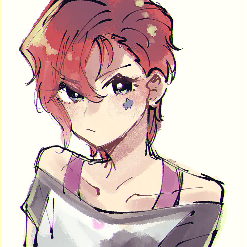1girl solo short hair red hair white background looking at viewer shirt  illustration images