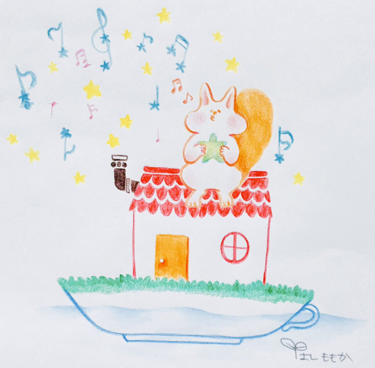 はしももか リスの国 1日1イラスト 40 ふっふふーっ イラスト 絵 色鉛筆 Illustration Illust Sketch Drawing Paint Artwork Art アート リス りす 365日 365日イラスト リスの国 可愛い Kawaii 家 House 星 Star