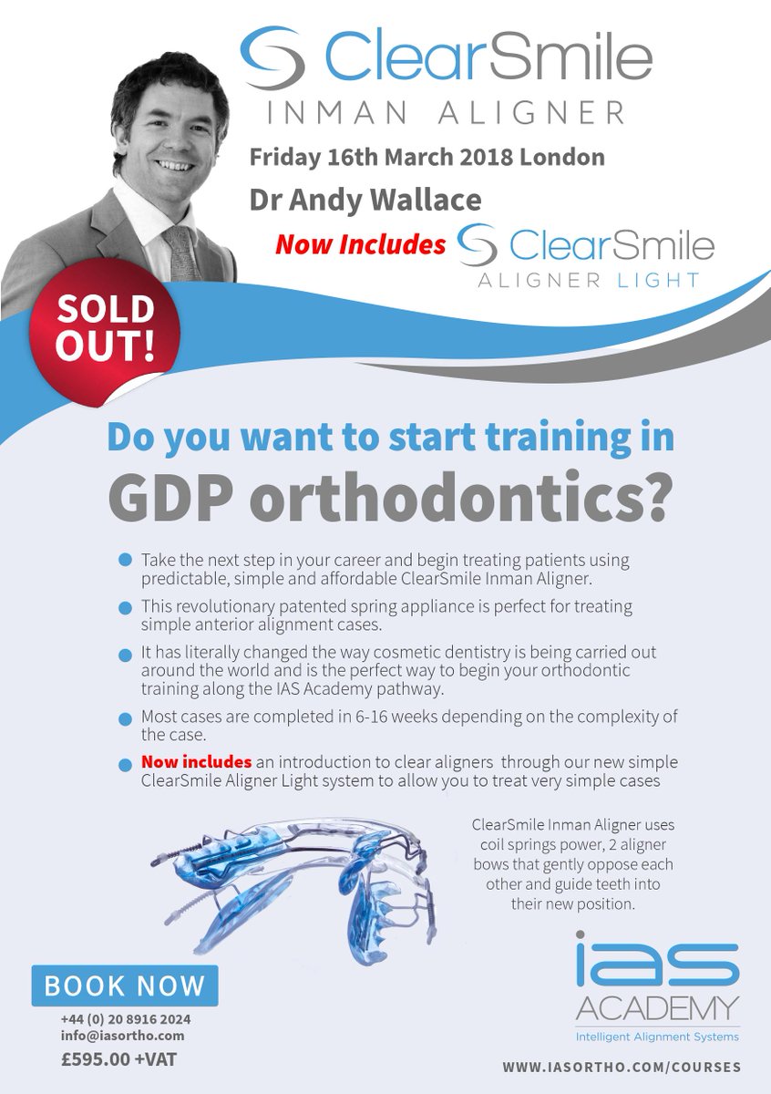 TheIASacademy's tweet photo. Our ClearSmile Inman Aligner hands-on course on the 16/03/18 in London is SOLD OUT. 

Missed out? Book your place at the next course: 

Friday 15th June - London (Day 1 of ABB course) 

Visit https://t.co/utODlrxEld or call 020 8916 2024 to book your place or to enquire further. https://t.co/vVpcRlbSgM