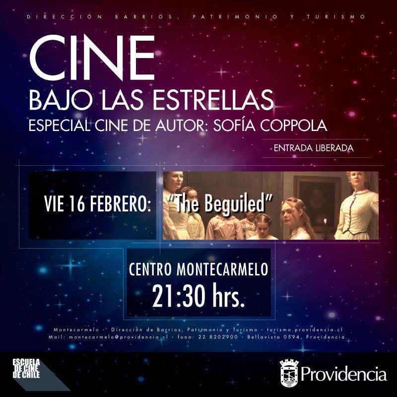 CulturaProvi's tweet photo. MAÑANA. No te pierdas la película "The Beguiled" a las 21:30 hrs., en el @Montecarmelo_cc (Bellavista 0594). Disfruta con tus amigos, familia o pareja del #CineBajoLasEstrellas ¡La entrada es liberada! #ProviEventos #VeranoEnProvi #SoyProvidencia https://t.co/IfjKkNErZG