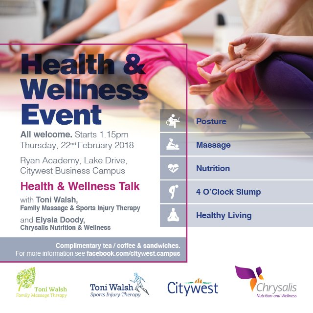 citywestcampus's tweet photo. Next Thursday at Citywest an event for all health and wellness enthusiast!
Don't miss  Toni Walsh and Elysia Doody's Talk about Healht and Wellness at Ryan Academy, Lake Drive, 1.15pm, Thursday 22nd February https://t.co/5fnYzstata