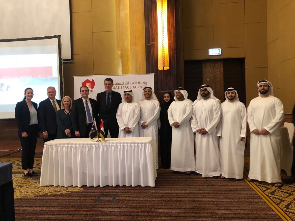 uaespaceagency's tweet photo. The Agency and the delegation from the Government of South Australia pose for a group photograph after the signing ceremony. https://t.co/t6ea3awVDQ