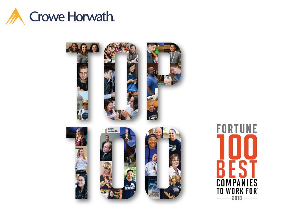 CroweCareers's tweet photo. Only 100 companies in the U.S. make the @GPTW_US @FortuneMagazine Best 100 Companies to Work For list. Thanks to our people, we're proud to be one of them! #100BestCos #GoCrowe #Crowe100Best https://t.co/q0OWSyVxPr https://t.co/TIH6x7CrKo