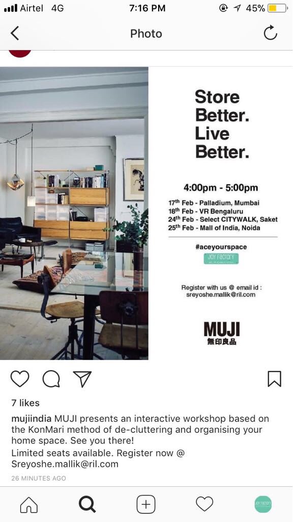 TanviG's tweet photo. All you peeps out there come and participate to #Aceyourspace @GayatriGandhi @neetikapahwa @joyfactory_jf are visiting all the #MujiIndia stores! #SparkJoy #DeclutterYourLives https://t.co/JETrbcGrox