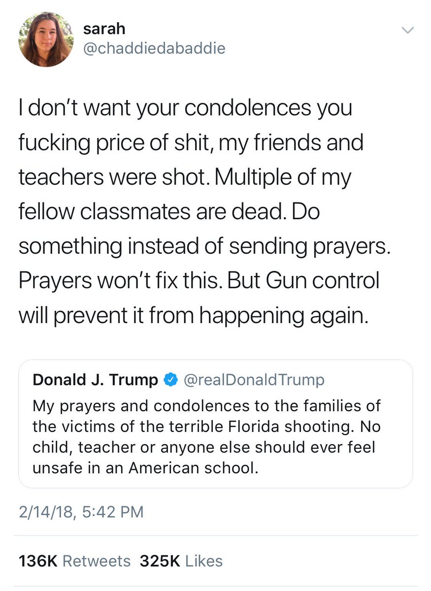 Image result for student reply to trump's tweet about prayers