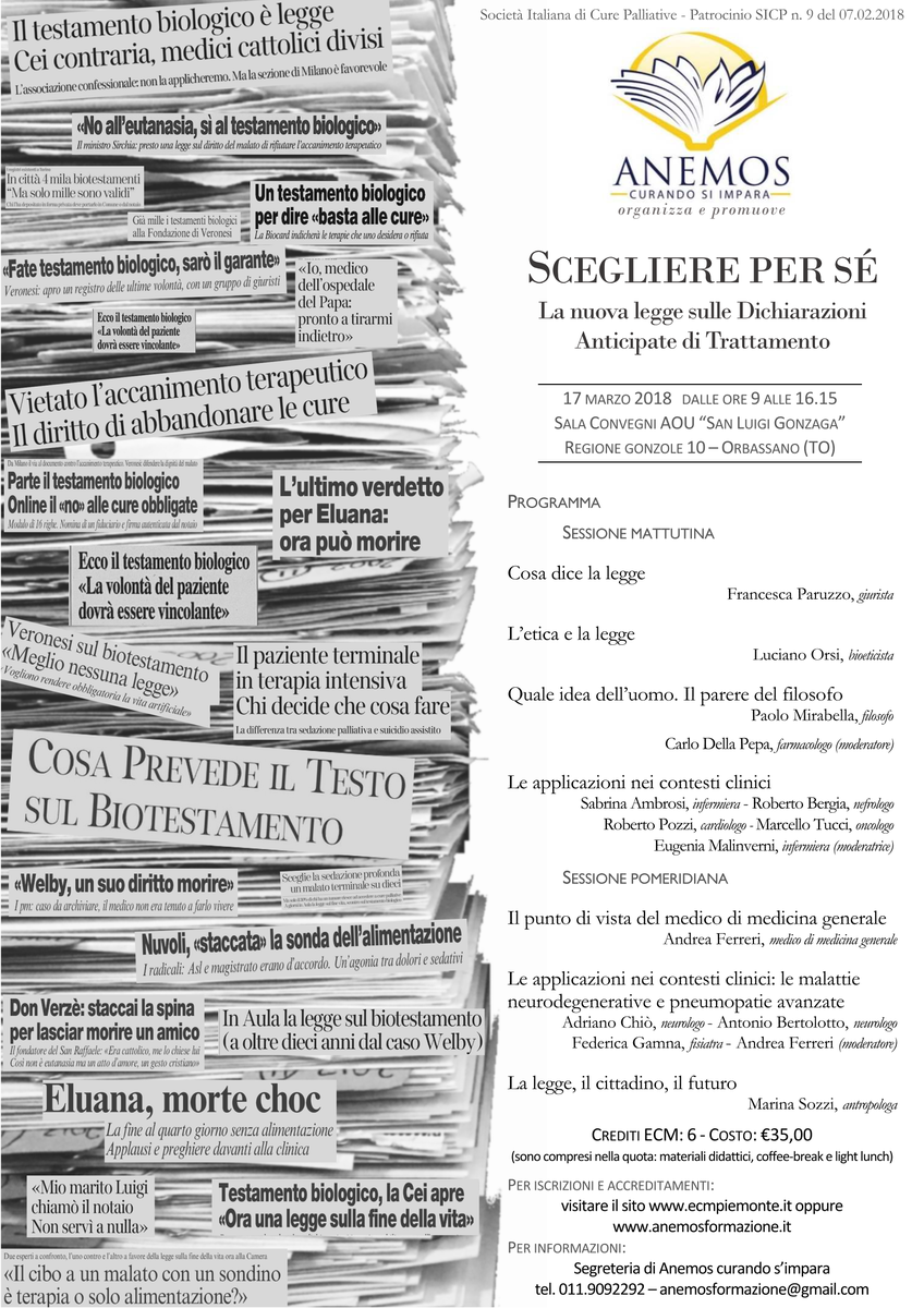 AnemosFormaz's tweet photo. #SaveTheDate #17marzo giornata di #formazione al "San Luigi" di #Orbassano "Scegliere per sé - La legge sulle disposizioni anticipate di trattamento", seminario con crediti #ECM aperto a tutte le professioni mediche. Per informazioni https://t.co/i81tHWTIwS
#DAT #PalliativeCare https://t.co/ITKyFRdvHk