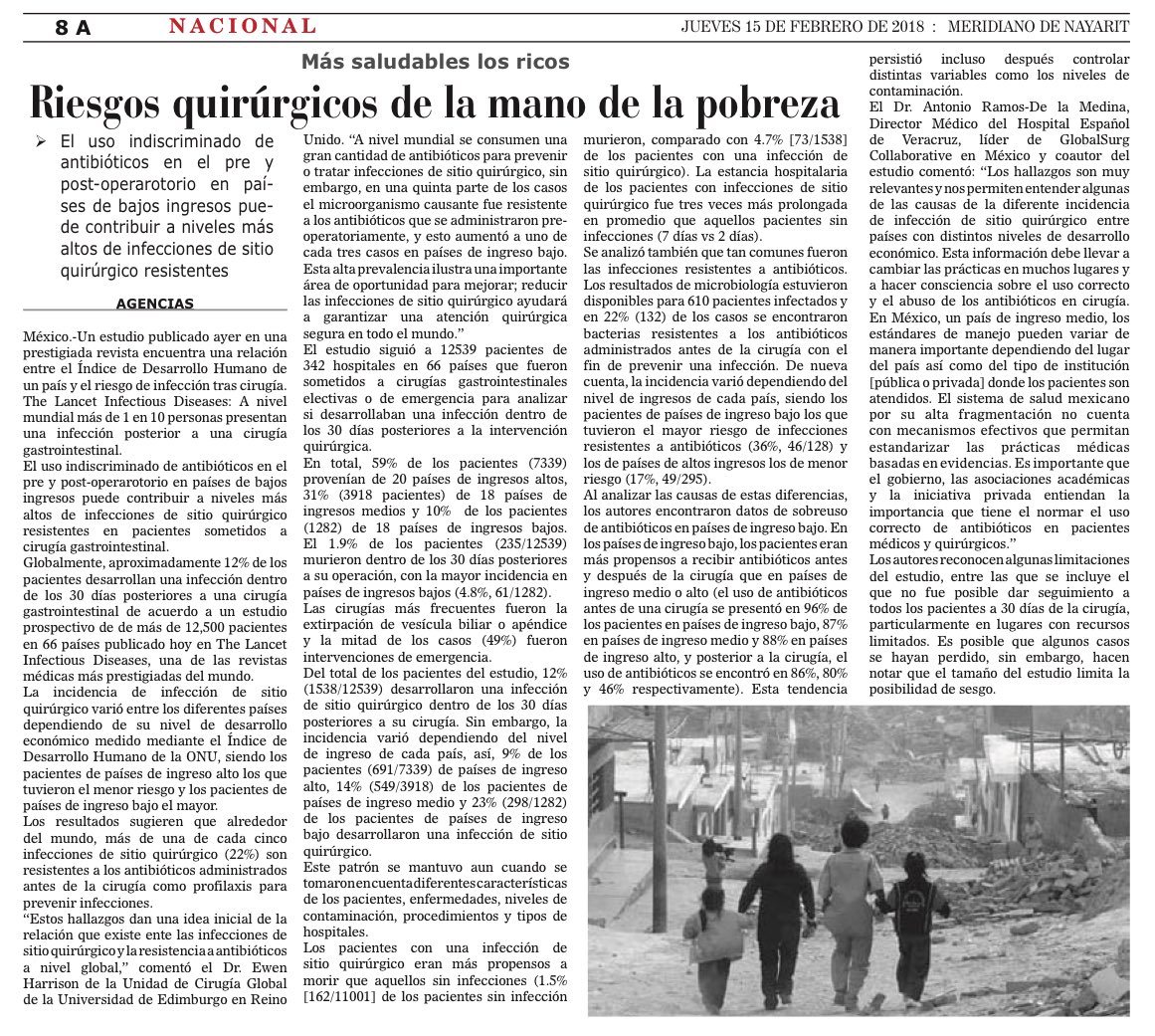 Nuestro estudio internacional <a href="/GlobalSurg/">GlobalSurg</a> publicado ayer en <a href="/TheLancet/">The Lancet</a> sobre el diferente riesgo de Infección Quirúrgica y Resistencia a Antibióticos entre países de ingreso bajo vs ingreso alto en una nota de @MeridianoNay bit.ly/2o7DTde #publichealth  #GlobalSurgery