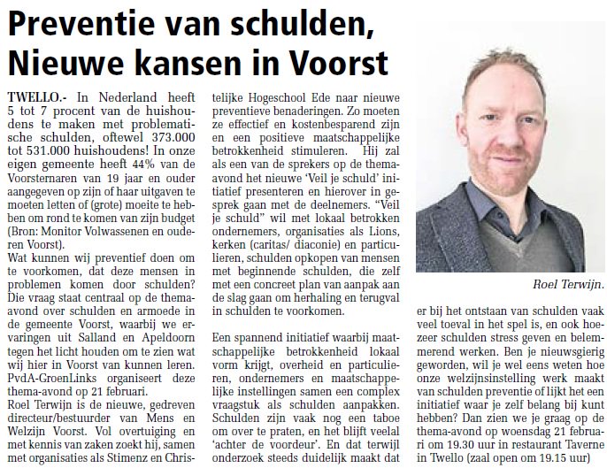 menwvoorst's tweet photo. Deze week vanuit @PvdAGLVoorst aandacht in @voorsternieuws voor het initiatief 'Veil je schulden', een project gericht op preventie van schulden dat @menwvoorst hoopt uit te mogen voeren i.s.m. partners @Stimenz en @dehogeschoolede. Lees het artikel ook op onze website! https://t.co/9cyPBIHPxW