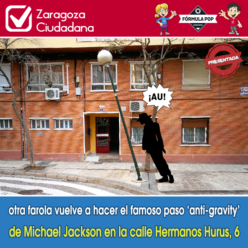 zgzciudadana's tweet photo. Tras un tiempo en el que 'se puso de moda', llevábamos varias semanas sin conocer casos de farolas 'realizando' el famoso paso 'anti-gravity' de #MichaelJackson, como ésta de la calle Hermanos Hurus... 😲 #ZCDenuncia #FórmulaPOP https://t.co/iwN9bdkkWI