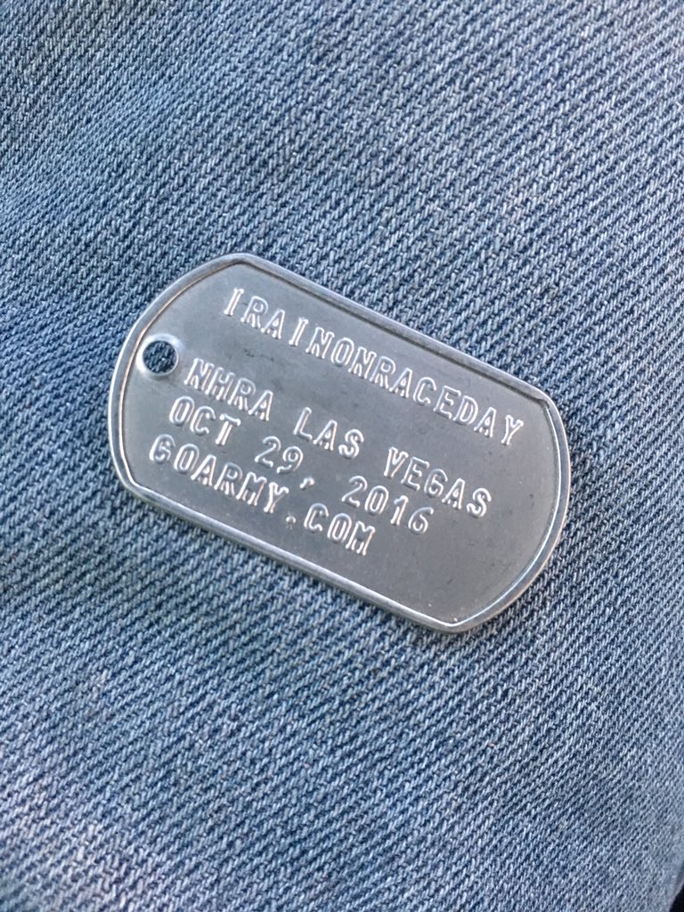 iRainOnRaceDay's tweet photo. You know you made it in the inanimate world when you get an army dog tag at @nhra here at @LVMotorSpeedway #nitrofix https://t.co/sDMm9kZUme