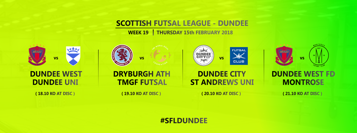 SFL_Dundee's tweet photo. RACE TO THE TITLE | MATCH DAY | Week 19 | DISC | Free Entry

18:10 - @west_futsal (1st)  v @UoDFutsal (3rd) 
19:10 - @DryburghACC (5th) v @TMGF12 (2nd)
20:10 - @DundeeCityFutsl (8th) v @UStAFutsal (6th)
21:10 - @west_futsal FD (7th) v @montrosefutsal (4th) https://t.co/DuMabilnqN
