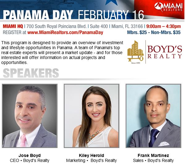 Panama Day is Friday at our headquarters office in Miami Springs.

Learn investment and lifestyle opportunities in Panama.

Register at MiamiRealtors.com/PanamaDay