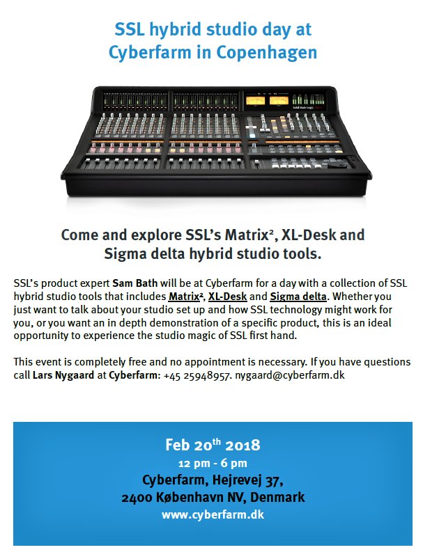solidstatelogic's tweet image. SSL’s Danish partner, Cyber Farm are hosting an SSL Hybrid Studio day at their Copenhagen HQ on the 20th Feb. If you are in the area, drop in and experience SSL hybrid studio workflow using Martix2, XL-Desk and Sigma delta summing engine.  
 
#SSL #Matrix2 #XLDesk