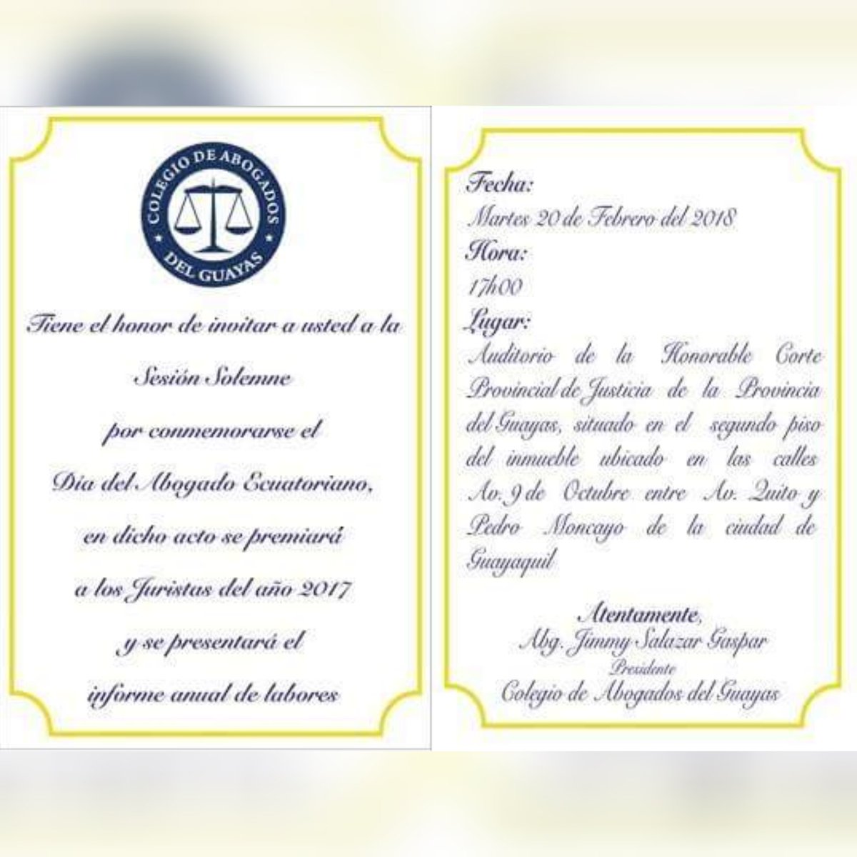 CAG_GYE's tweet photo. La Directiva del #ColegioDeAbogadosDelGuayas te hace una cordial invitación a la 
Sesión Solemne por el día del #AbogadoEcuatoriano, se realizará reconocimientos a la vocación, empeño y esfuerzos realizados por nuestros profesionales.

Juntos Somos Invencibles..! https://t.co/lJG18TJZbH