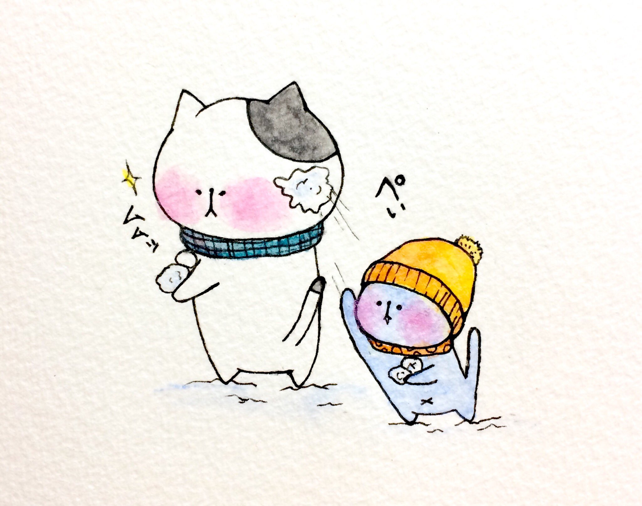 雪の夜　猫　原画　手描き　イラスト 変な猫 原画 イラスト 冬 秋冬 雪の通販 by しまねこshop｜ラクマ
