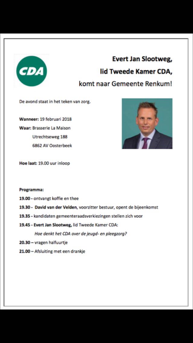 Evert Jan Slootweg komt maandag 19 februari naar Oosterbeek. Iedereen welkom!