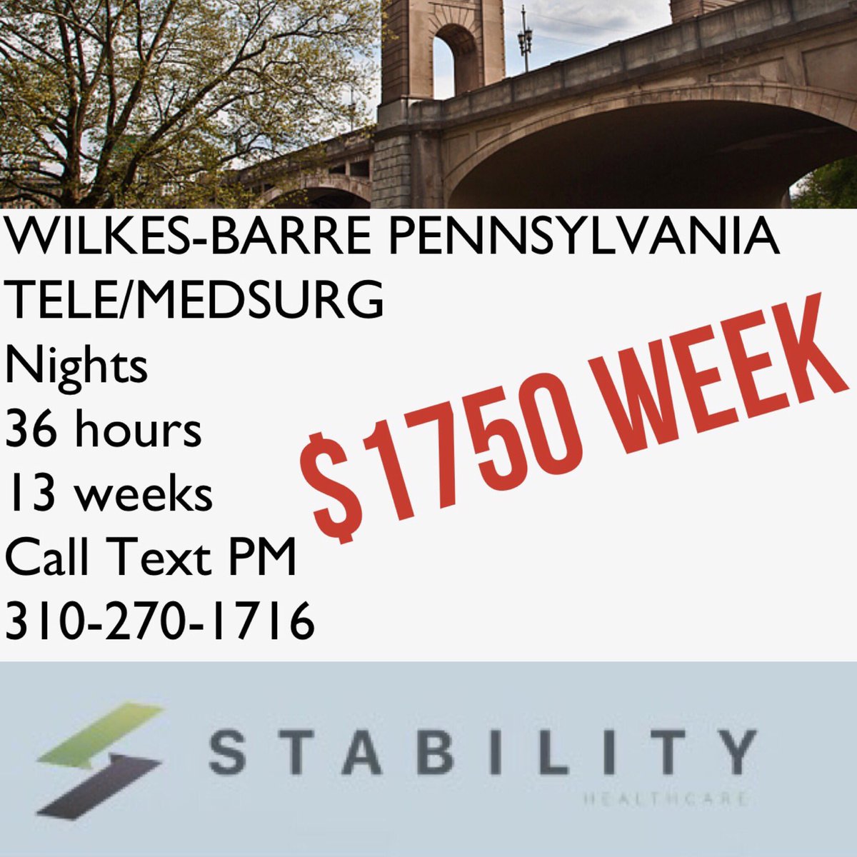 WILKES BARRE PENNSYLVANIA 
TELE MEDSURG
NIGHTS 36 hours 13 weeks
CALL TEXT PM FOR BREAKDOWN 
310-270-1716
#stabilityhealthcare #rnjobs #travelnursejobs