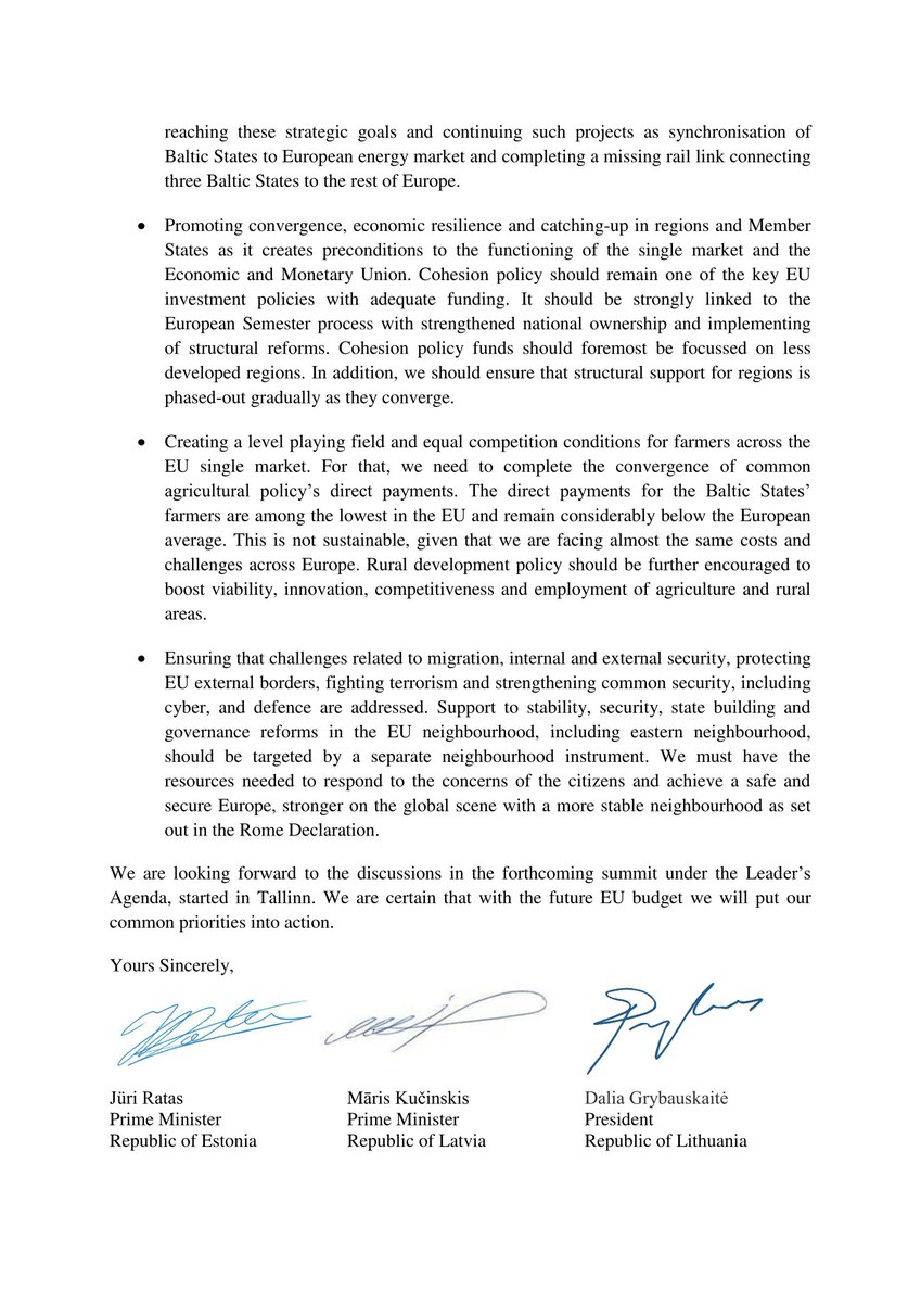 ratasjuri's tweet photo. #EUbudget must look into the future and help us become more productive, competitive and connected. Together with @MarisKucinskis and @Grybauskaite_LT we have agreed to discuss increased contributions, because no cuts should be made at the expense of our common future. https://t.co/DKxArCHxPN