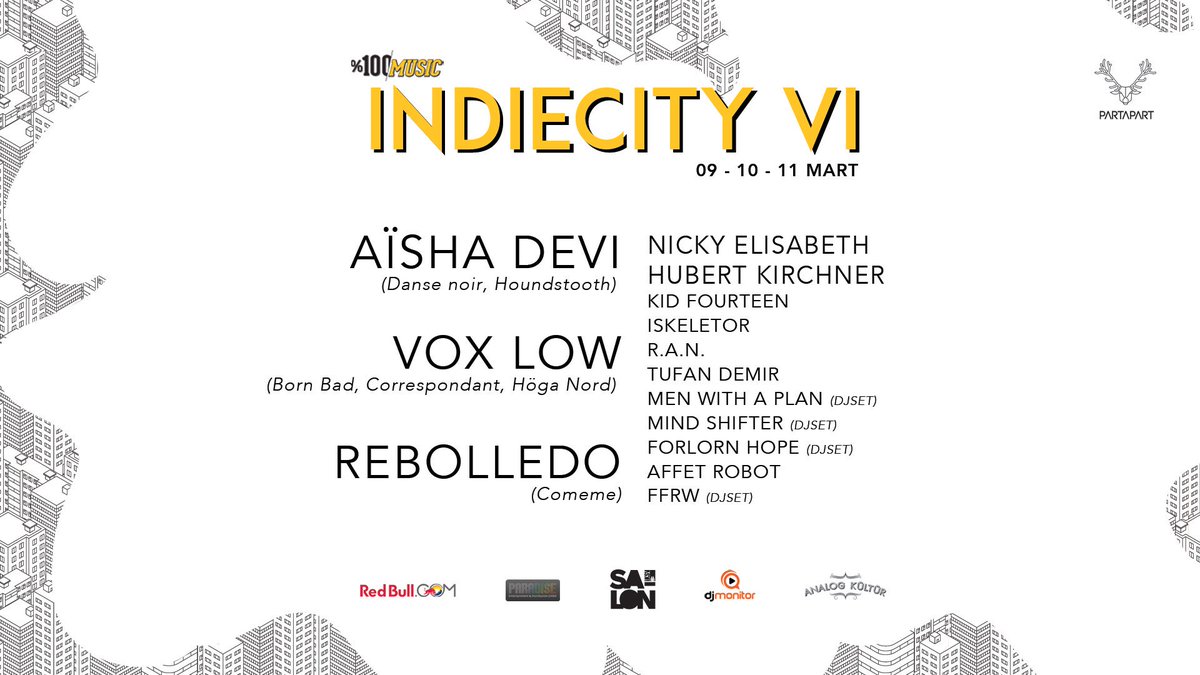 Ülkede bağımsız ve iyi müzik adına ümitlerimizi her zaman yüksek tutan plak şirketi Partapart’ın düzenlediği IndieCity, bu yıl altıncısıyla Aisha Devi, Vox Low, Rebolledo, Nicky Elizabeth, Hubert Kirchner ve daha birçok isimle Salon’da, Mama’da ve Mini Müzikhol’de. 
#saloniksv