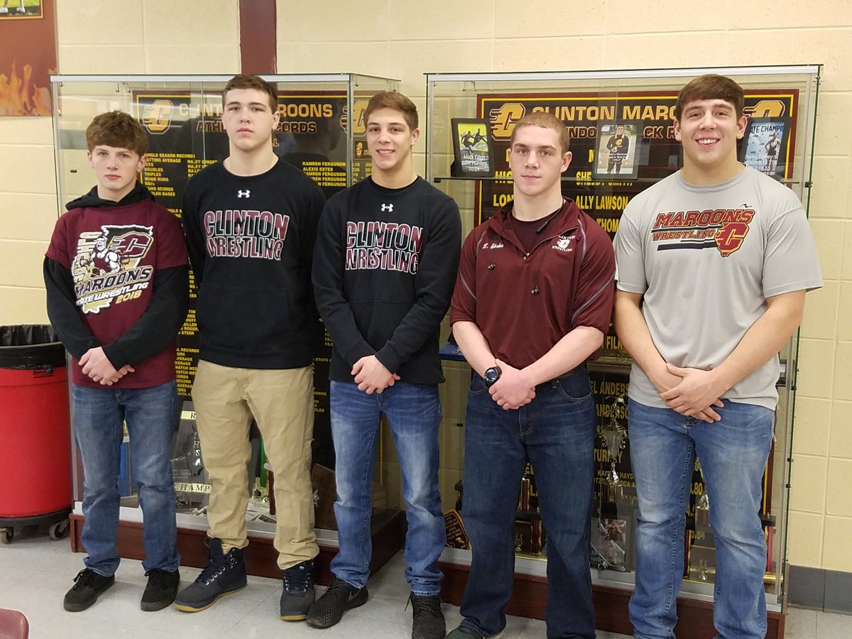 ClintonHS's tweet photo. Good luck to #Tyler, #Micah, #Christian, #Luke, and #Kyle at the #IHSA Individual State Wrestling Finals in Champaign. #MaroonPride #MaroonMatMen https://t.co/NUx6faXviL