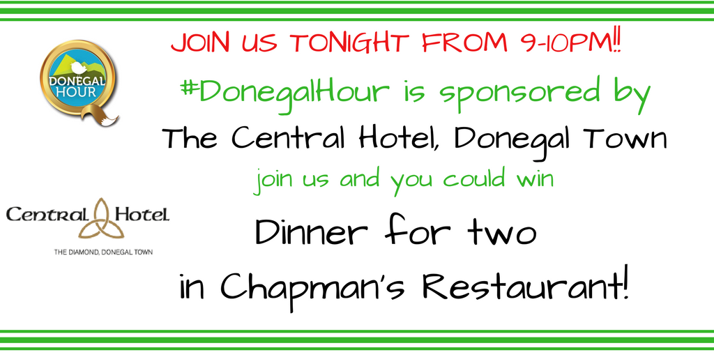DonegalHour's tweet photo. Want to be in with the chance of winning dinner for 2 in Chapman's Restaurant in @CentralHotelDon ? Then #DonegalHour is the place to be tonight from 9-10pm! Who will be our lucky winner? https://t.co/oALcJUHpM6