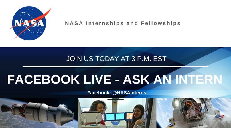 NASAInterns's tweet photo. TODAY: Find out how YOU can be a NASA intern! Join us for a Q&amp;A session with current NASA interns on Facebook Live at 3pm EST! Ask us your questions now, use #AskAnIntern! https://t.co/YzfRbW7HYM