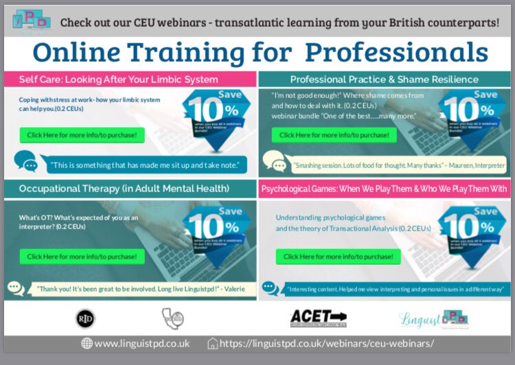 Linguistpd's tweet image. Very excited to feature in @RID_Inc’s ‘News’ e-magazine out today! We’re the first UK training provider to have webinars already accredited for CEUs for #ASLinterpreters. Look out for our 10% bulk-buy discount! #internationalclassroom