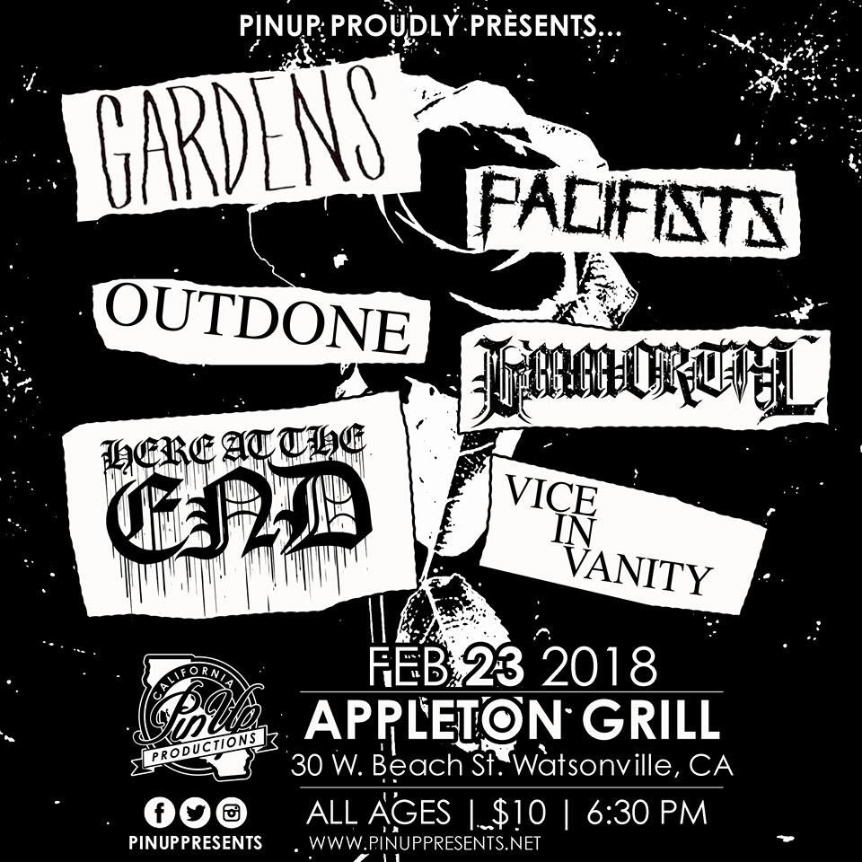 PinUpPresents's tweet photo. 2.23 @ #AppletonGrill (Watsonville)
#Gardens #pacifists #outdone #IImortal #HereAtTheEnd #ViceInVanity
All Ages $10
6:30 PM https://t.co/mTXIxY6OOa