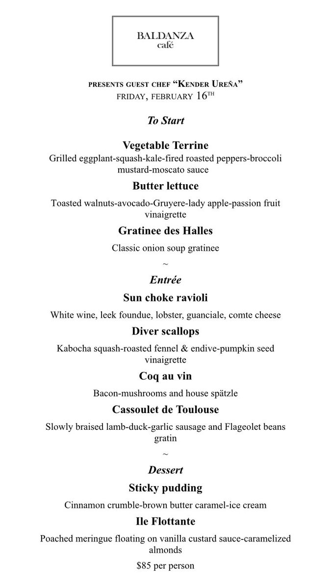 Special guest Chef Kender Ureña is back at Baldanza Cafe for one night only (tomorrow) Friday, February 16th! 
3 courses $85 - book your table via <a href="/OpenTable/">OpenTable</a> #truecooks #cheflife #ThursdayMotivation