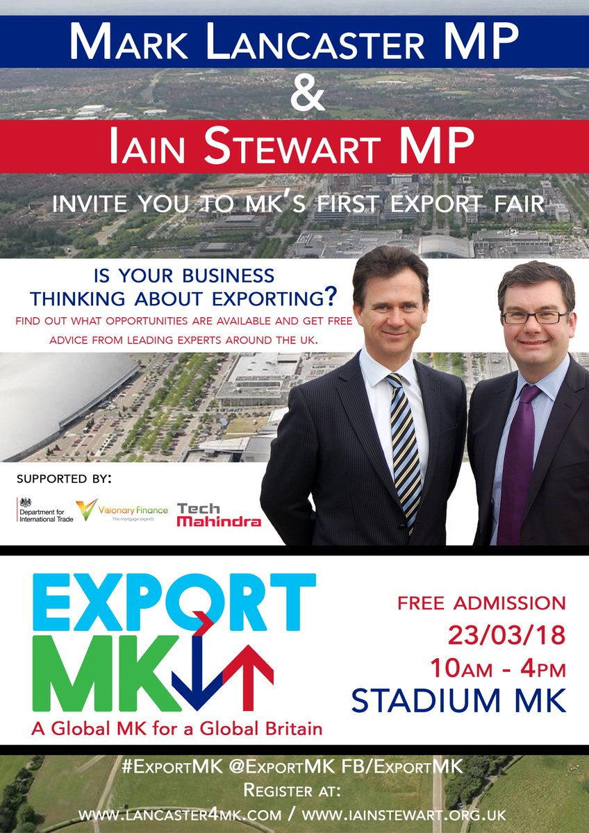 MKBiztech's tweet photo. RT @InvestMK "Calling all Businesses! Come along to the @exportmk fair for free advice and guidance on exporting -  23rd March 18, 10am-4pm, Stadium MK #Export #business  #ExportMK https://t.co/KyRKgW7jD4 "